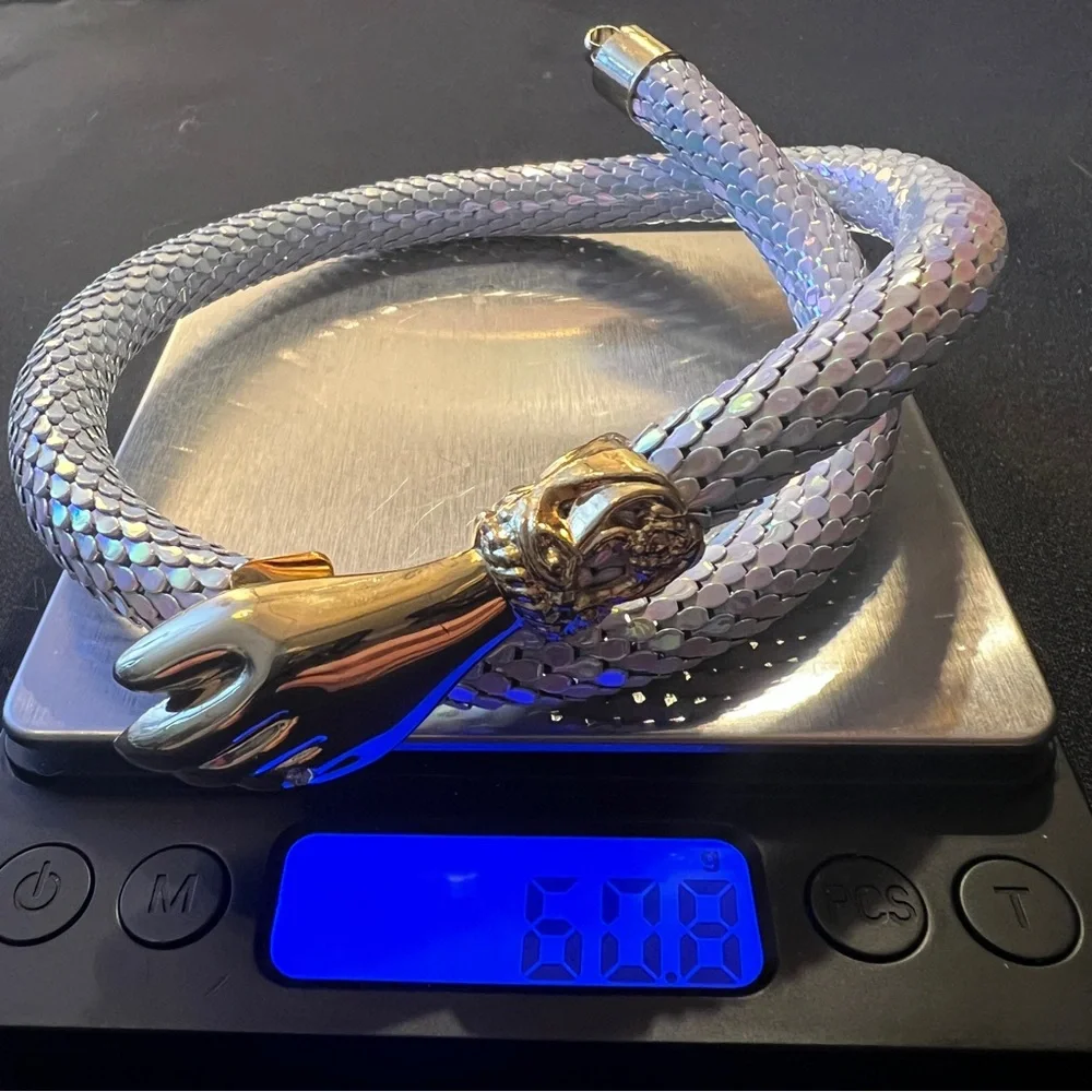 Vintage DL Auld Iridescent White Dragonscale Choker Mesh Snake Collar Necklace - Picture 10 of 11